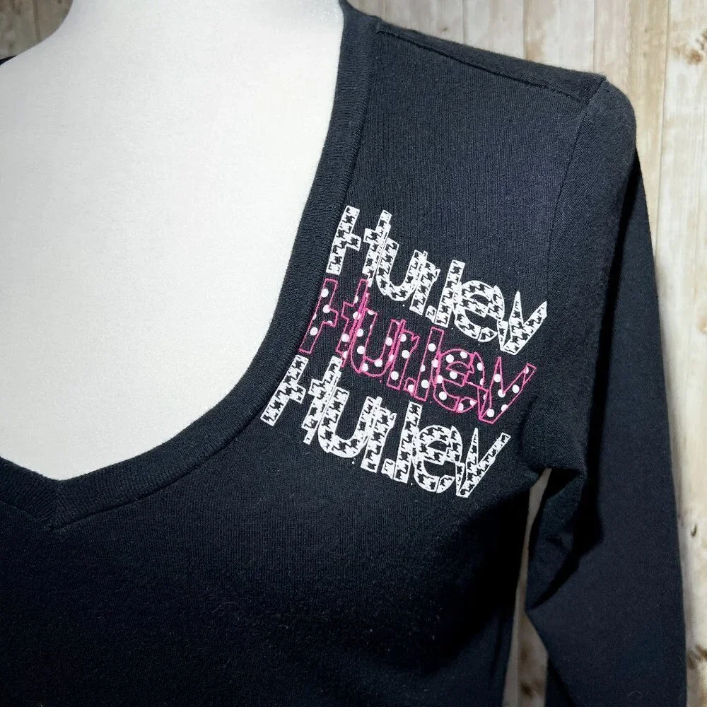 Women's Hurley Black Graphic Tee | 3/4 Sleeve | Size Medium | V-Neck Top - Picture 6 of 9